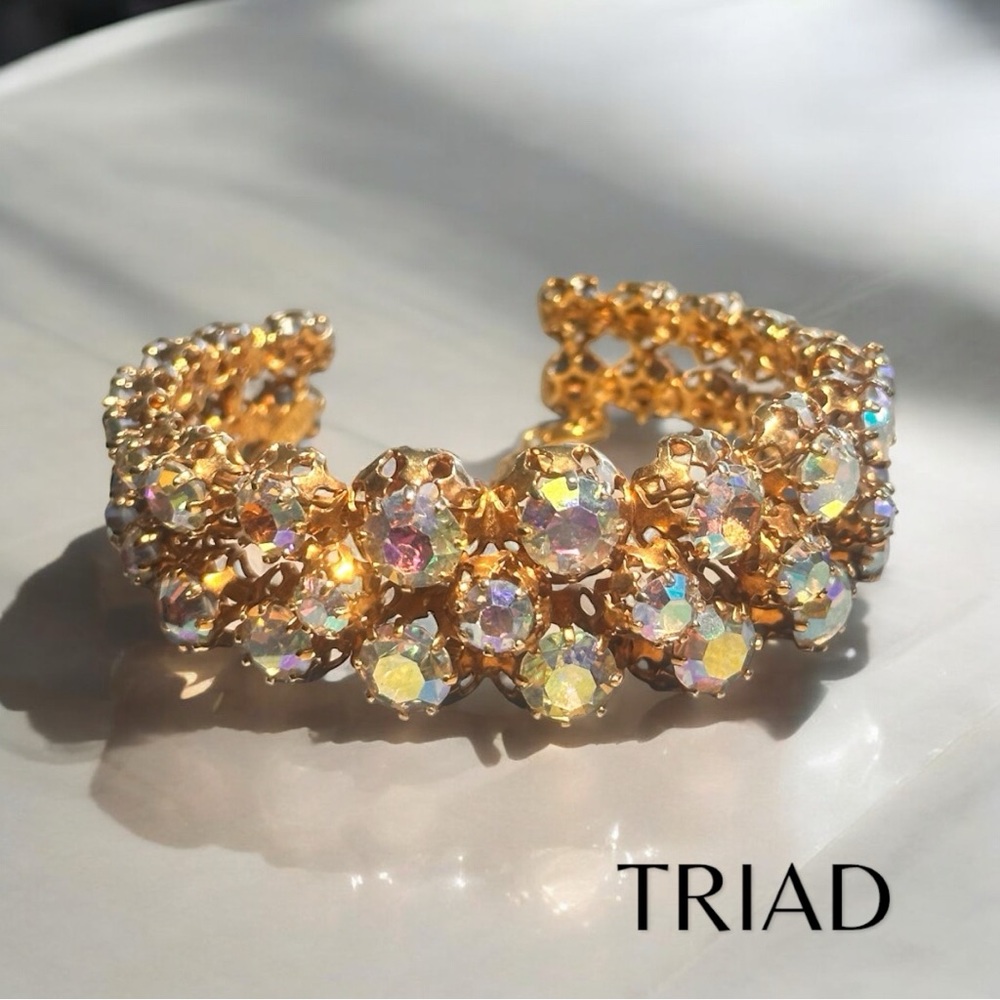 1960s TRIAD Multirow AB Rhinestone Cuff Bracelet - SIGNED